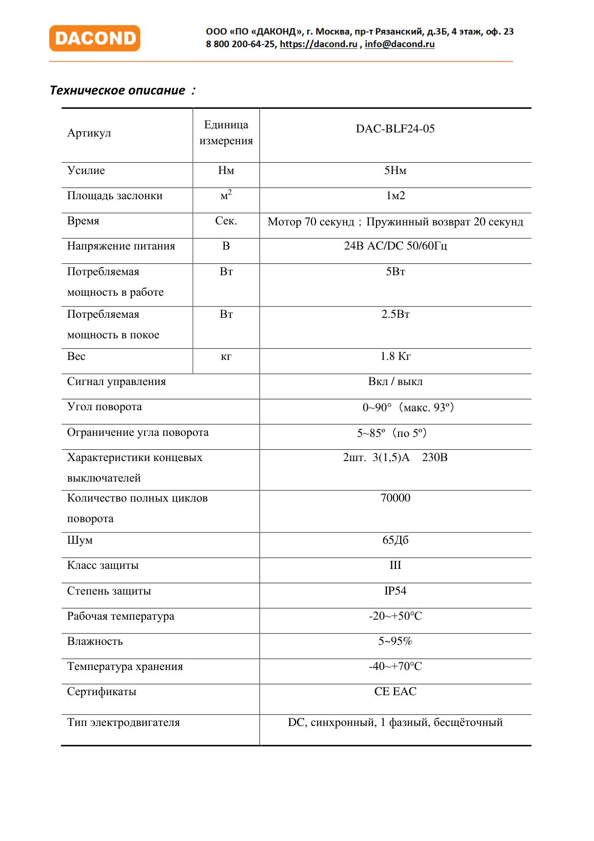 Противопожарный привод воздушной заслонки DAC-BLF230-03T