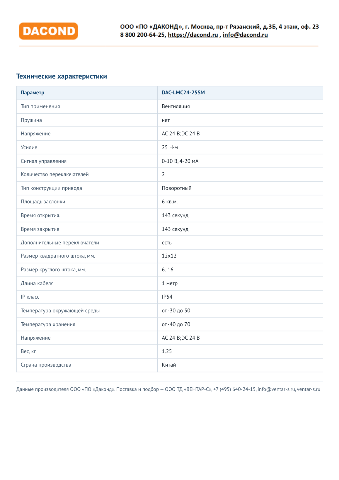 Привод воздушной заслонки DAC-LMC24-24SM